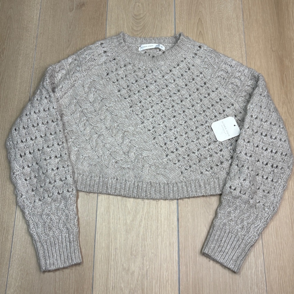 Altar'd State Heather Oatmeal Mixed Cable Knit Oversize Cropped Sweater XXS READ